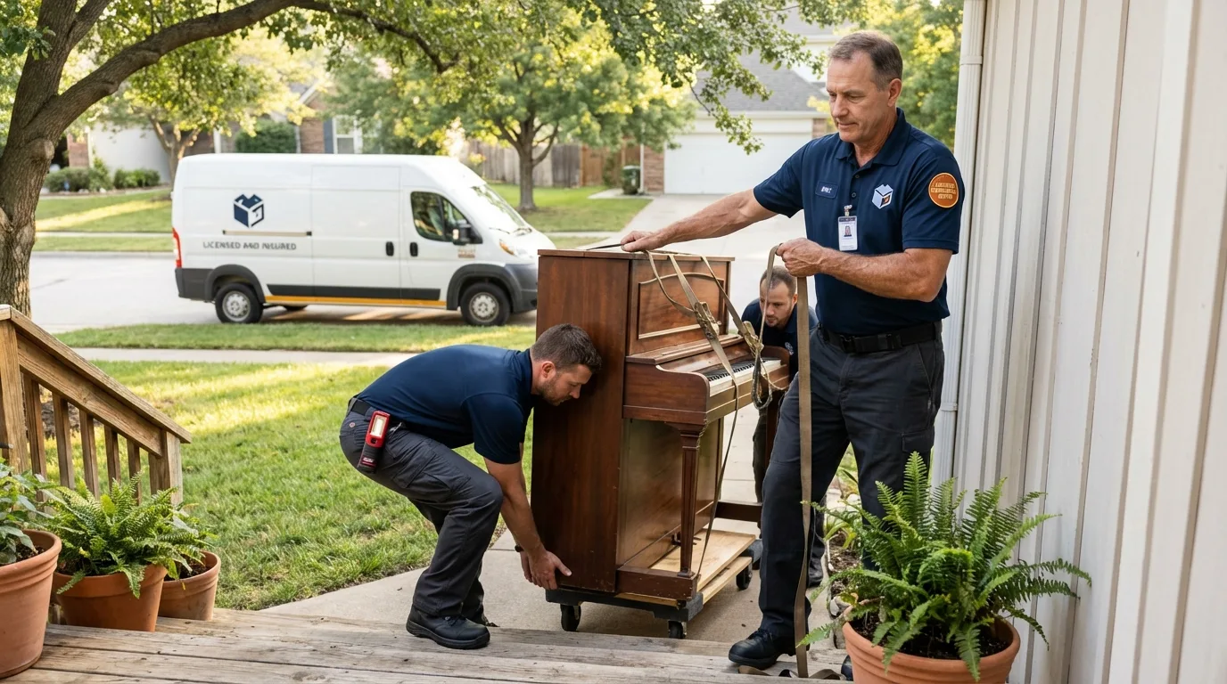 Licensed piano movers securing grand piano in Saraland, AL