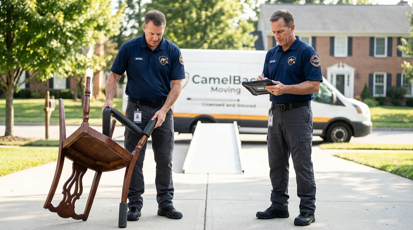 Movers inspecting furniture for damage prevention before loading in Saraland, AL