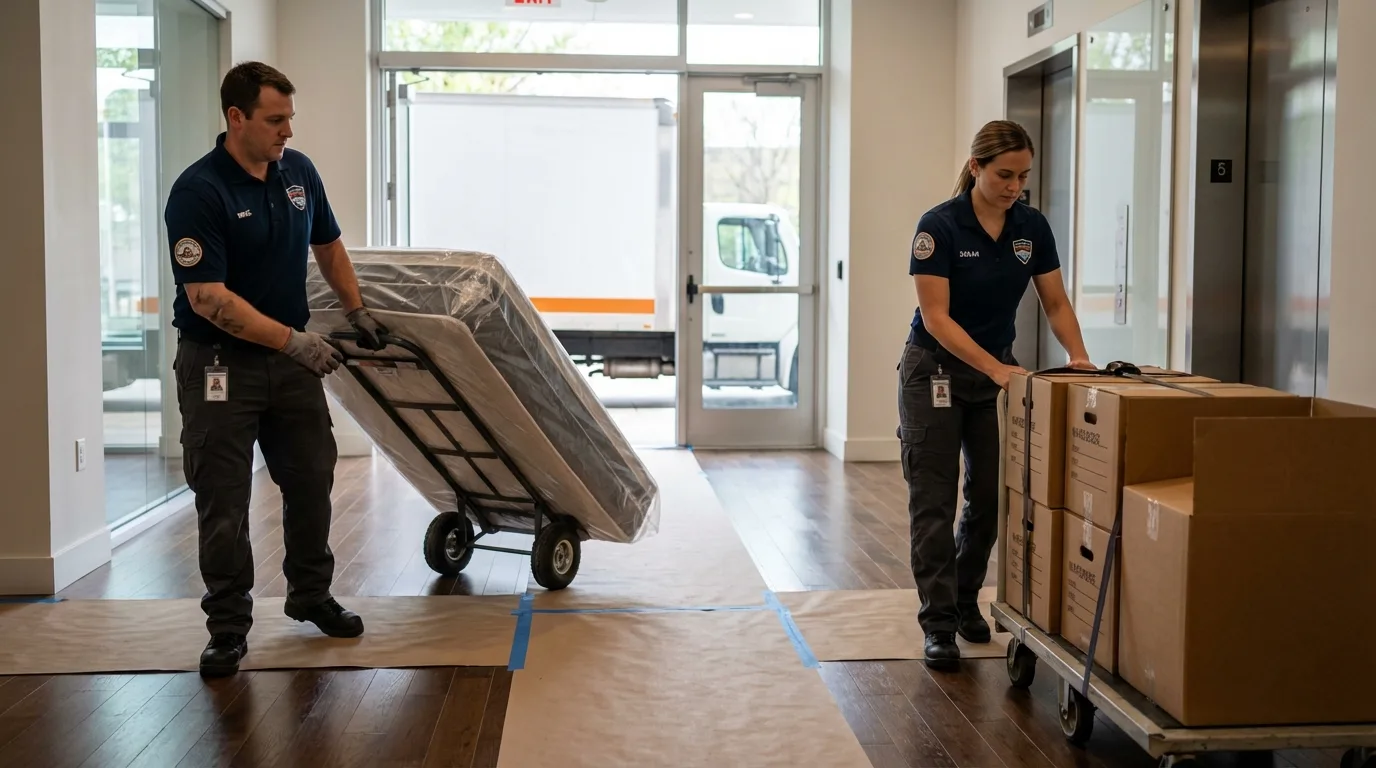 Professional apartment movers loading elevator in Saraland, AL